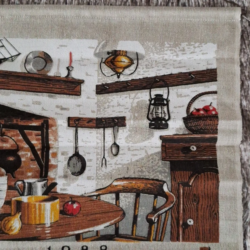 🪑 1988 fabric dish cloth towel wall hanging calendar w/original envelope, dowel